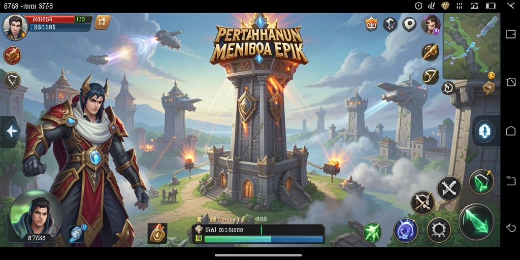 Screenshot gameplay menampilkan pertahanan menara yang strategis di 8768.