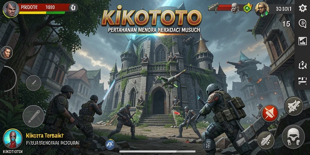 Screenshot KIKOTOTO menunjukkan aksi menara pertahanan yang intens melawan musuh.