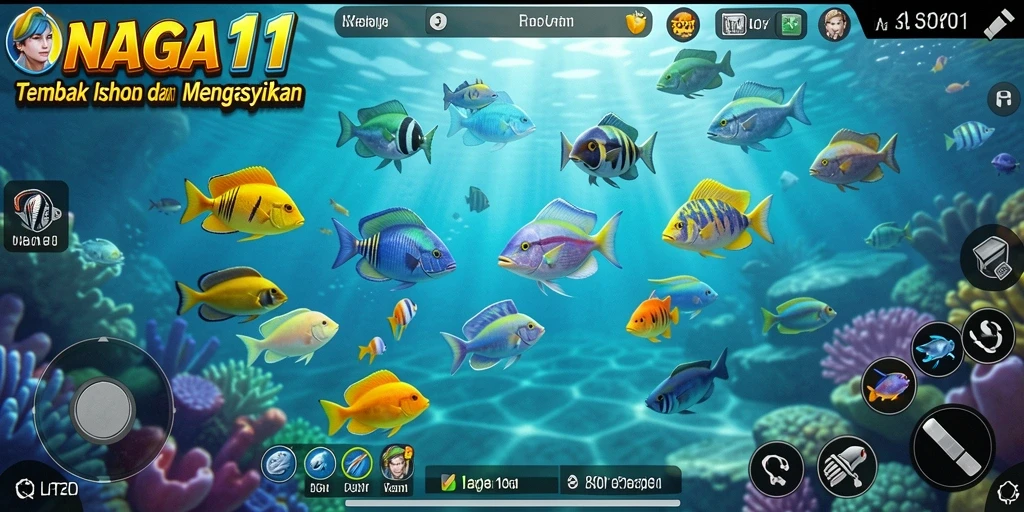 Screenshot NAGA11 menampilkan aksi seru dalam berburu ikan.