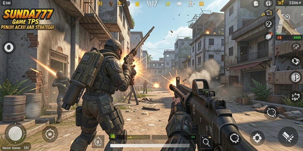 Screenshot SUNDA777 menampilkan aksi intens dalam gameplay TPS.