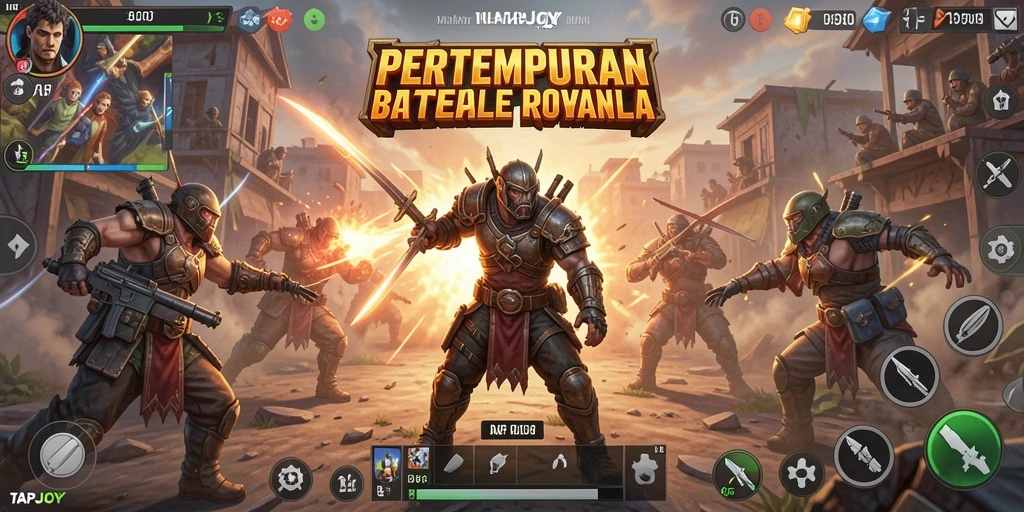 Screenshot gameplay TAPJOY menunjukkan aksi pertempuran Battle Royale yang mendebarkan.
